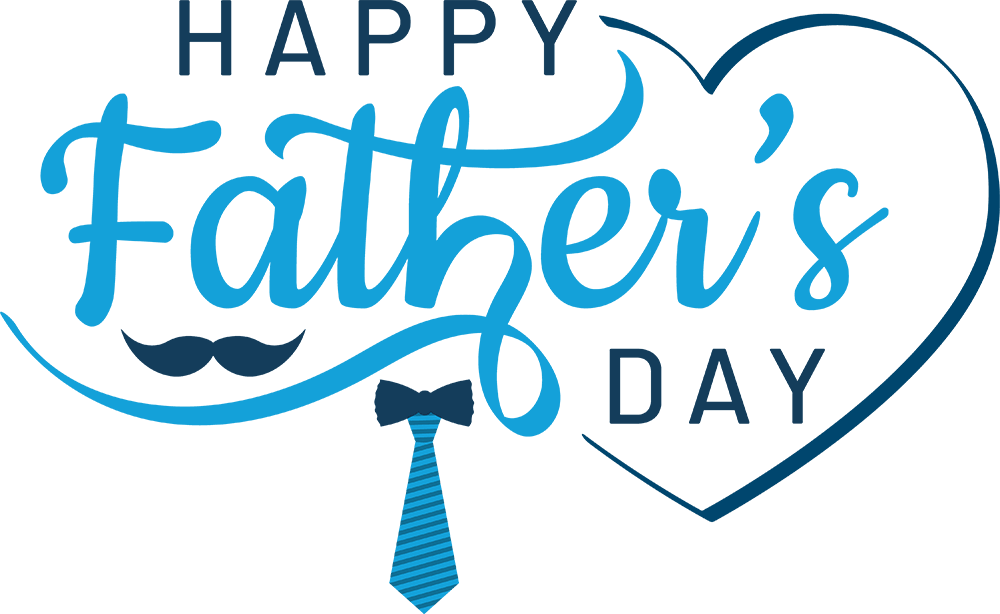 Happy Father’s Day graphic featuring blue typography, a heart outline, a mustache icon, and a necktie design. Festive Father’s Day artwork celebrating dads, family gatherings, and special holiday dining events.